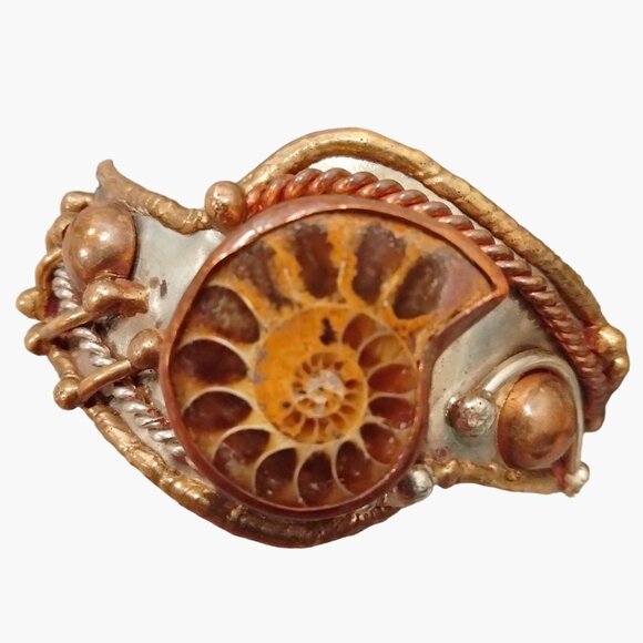 Ammonite Fossil Brass Silver Cuff Bracelet Boho Chic Jewelry Adjustable Unique - Picture 1 of 10